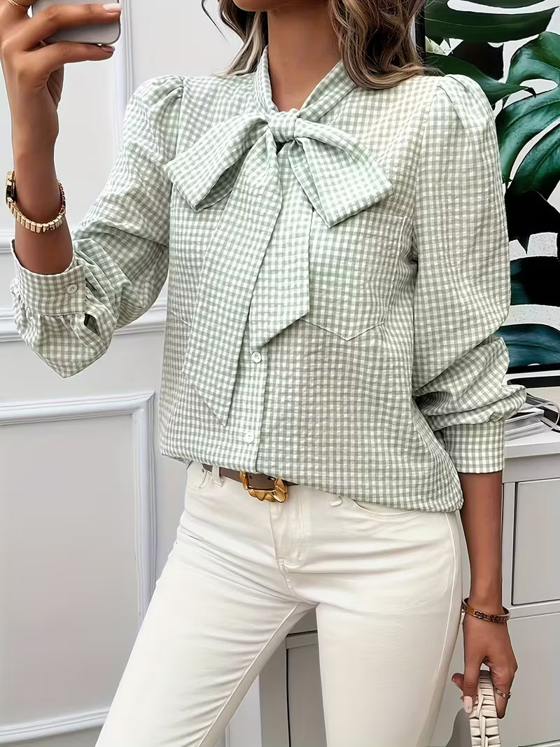 Meella - Elegant Gingham Check Bow Tie Blouse