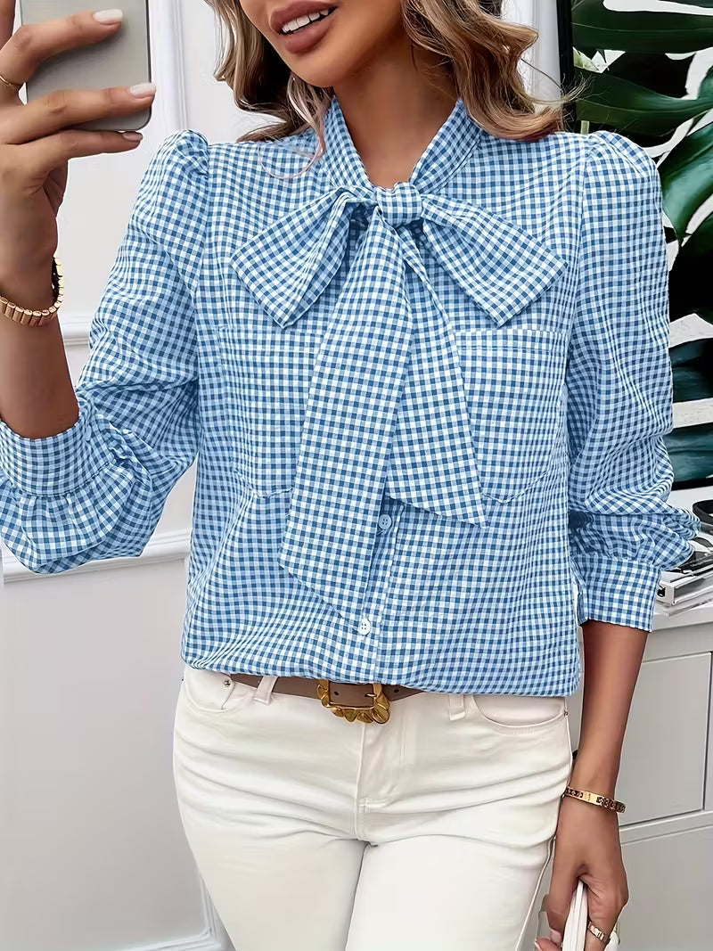 Meella - Elegant Gingham Check Bow Tie Blouse