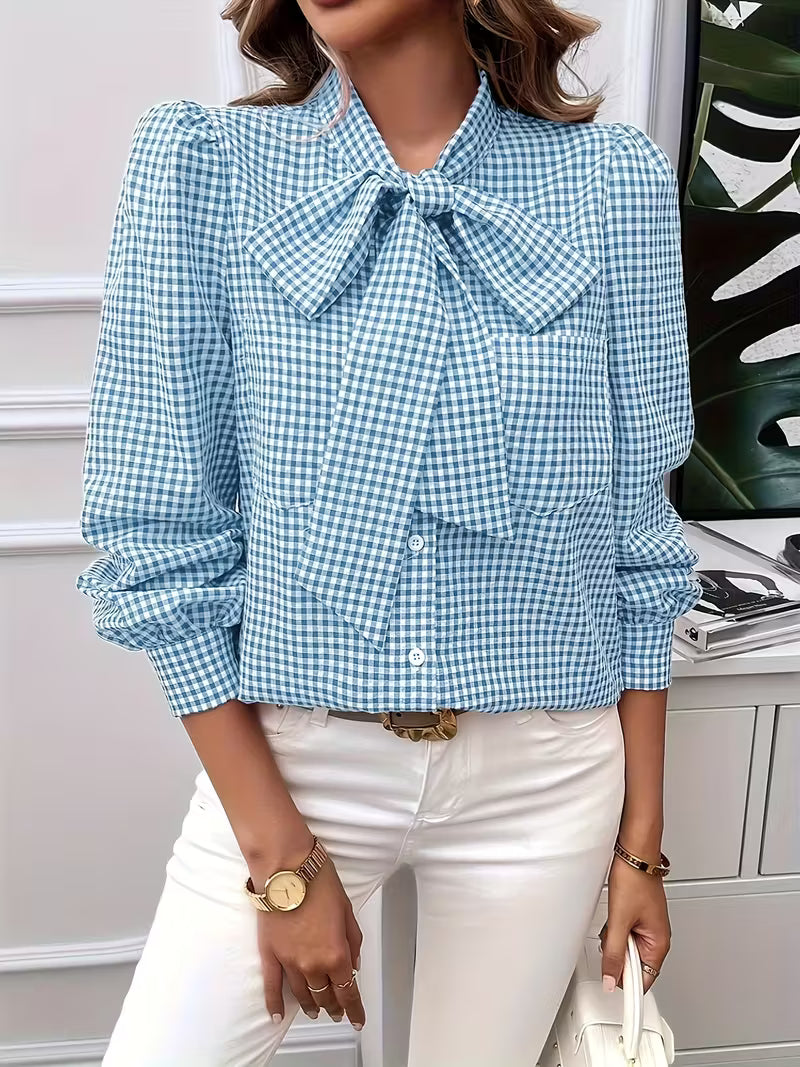 Meella - Elegant Gingham Check Bow Tie Blouse